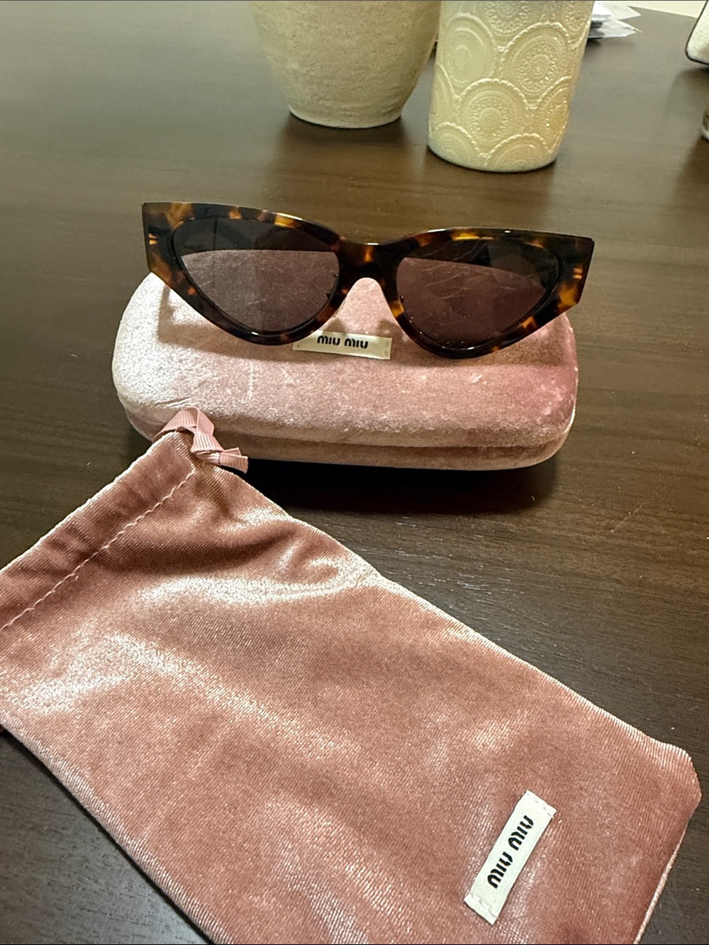Miu Miu Tortoiseshell Cat-Eye Sunglasses with Pink Velvet Case